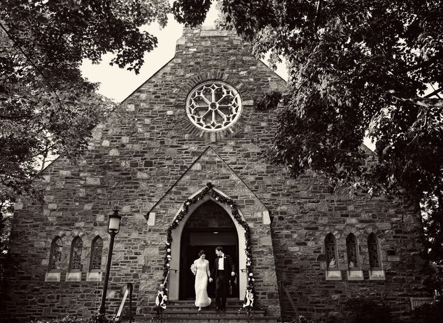 Professional photographer, Alison Conklin, on why the FUJIFILM GFX system is so good for location portrait photography. Image shows bride and groom leaving church on their wedding day.