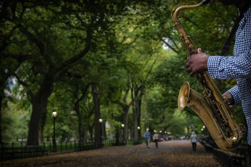 Wedding photographer, Petronella Lugemwa tests FUJIFILM X-S10. Image shows a saxophonist playing on a tree covered walkway in Central Park, New York City.