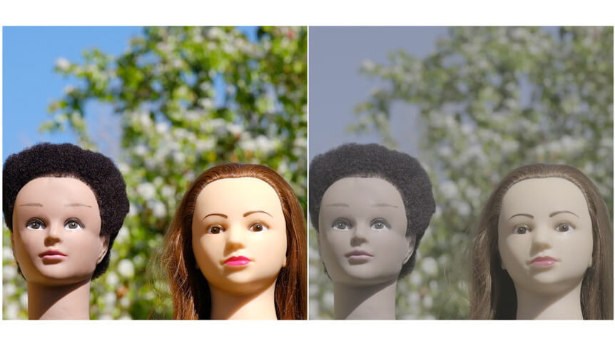 Two photos of two mannequin heads, captured in FUJIFILM Astia Film Simulation Mode and F-Log, ungraded