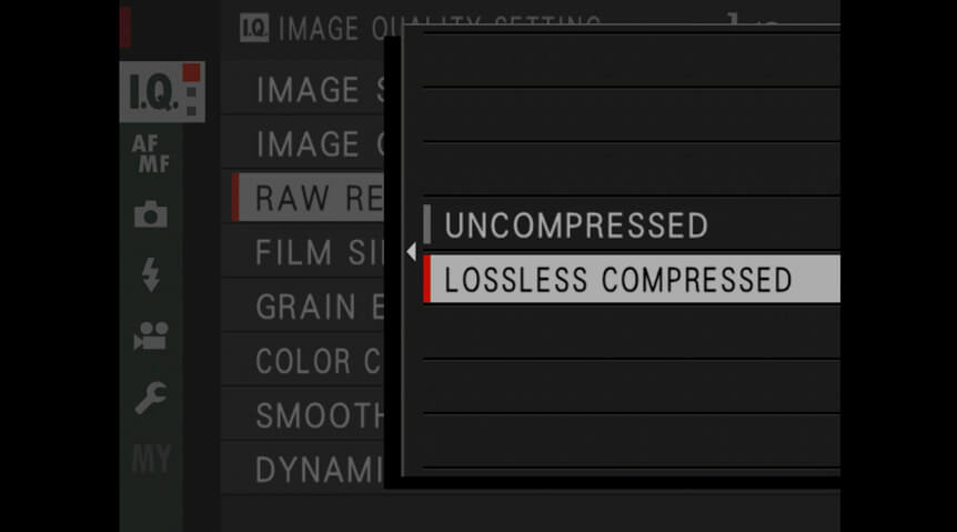 A FUJIFILM camera display showing lossless compression