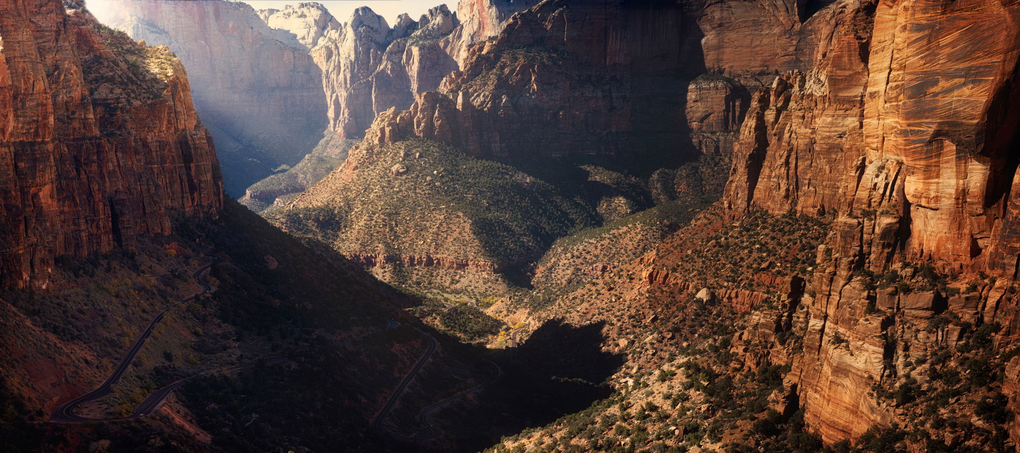 A panoramic macro outlook of Zion's canyons