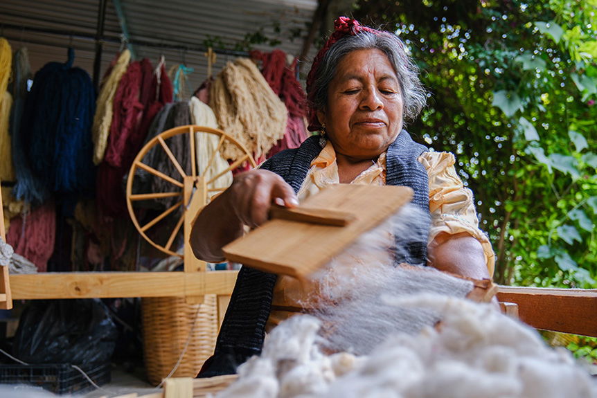 Elderly Oaxacan woman brushing wool