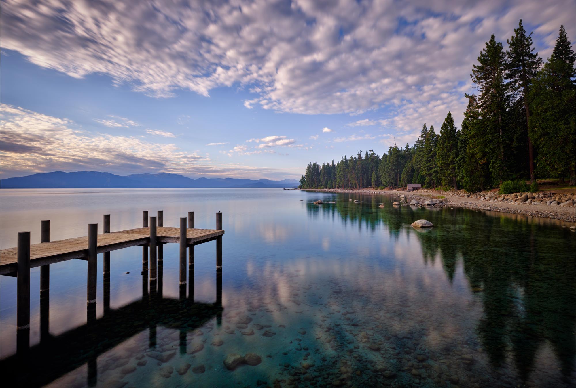 A pier side view of Lake Tahoe