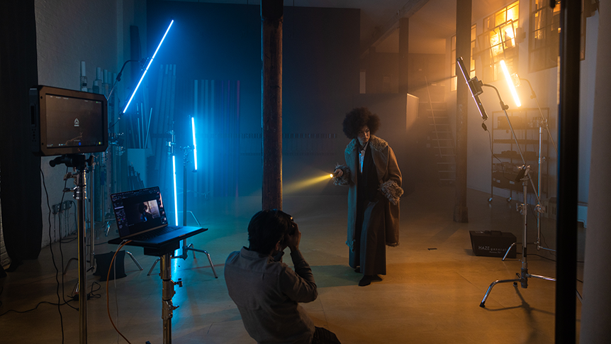 Tube lights being used on set for blue effect