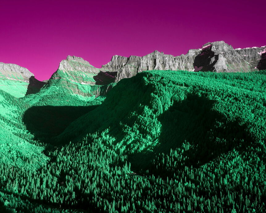 Dense green forest leading to mountain, under magenta sky