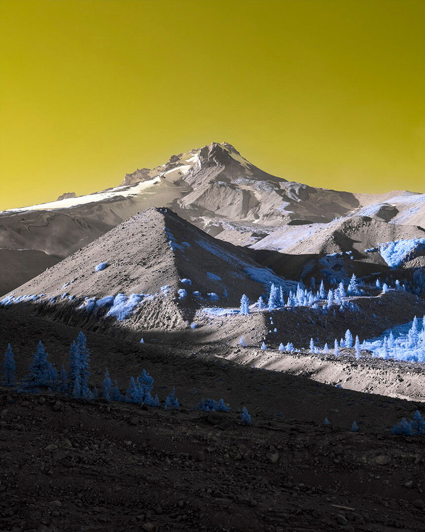 Wide gray mountainside littered with blue trees under pale green sky