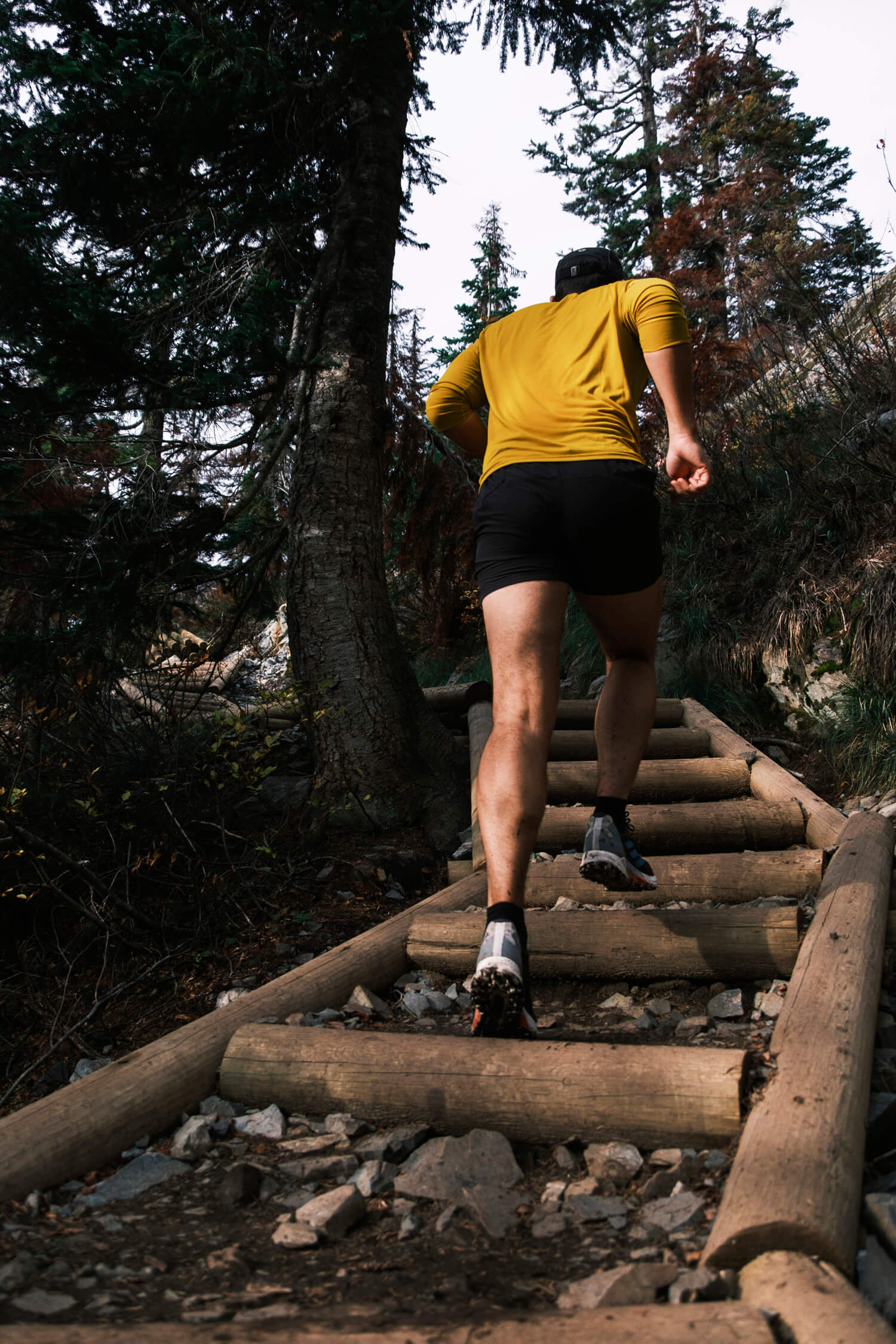 close up photo behind a trail runner as he ascends some wooden steps on a forest trail.