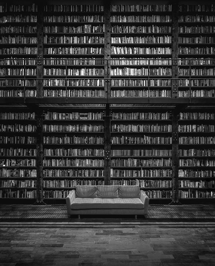 Monochrome image of huge bookcase with sofa in front